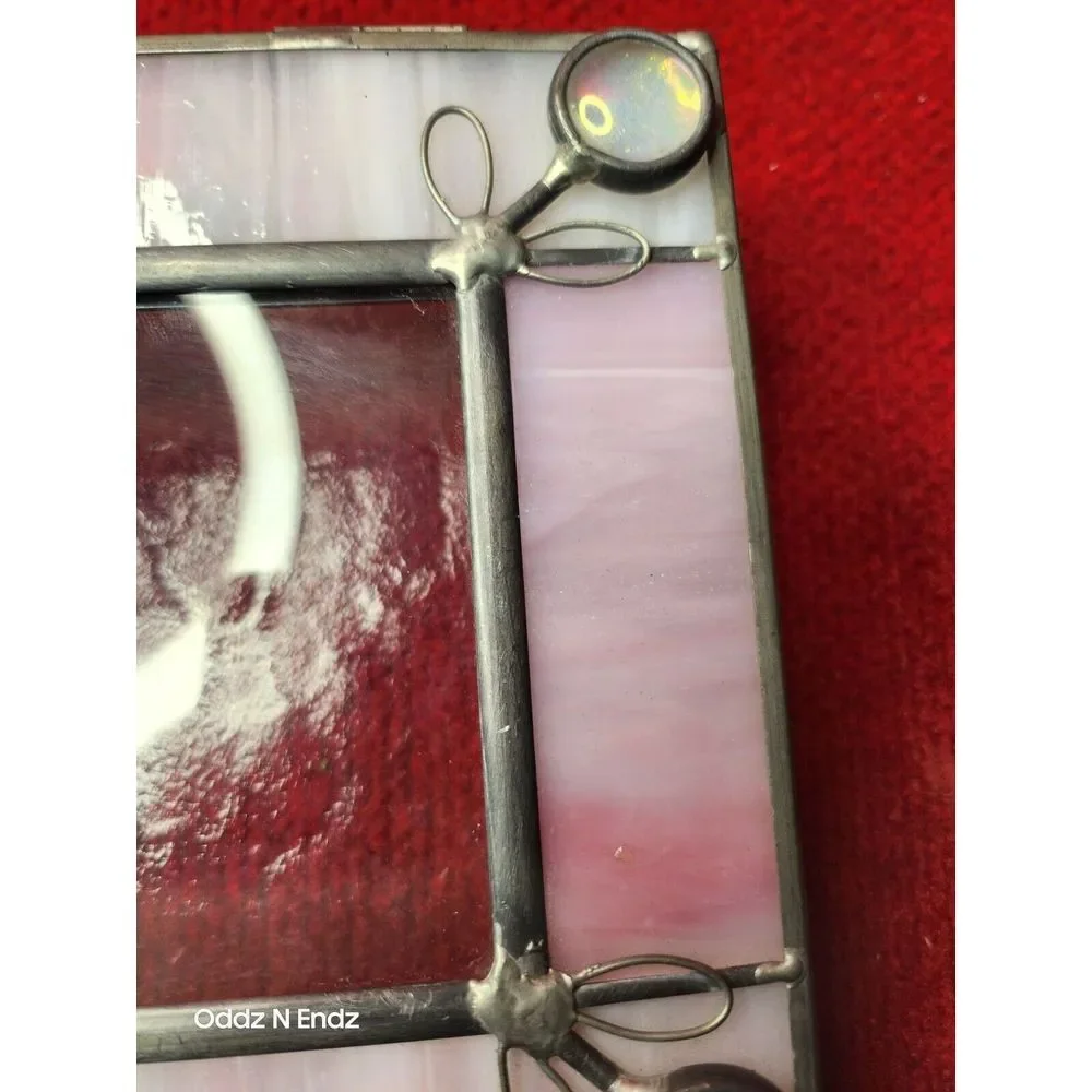 Stained Glass Trinket Box With Pink Opalescent Accents & Metal‎ Frame
